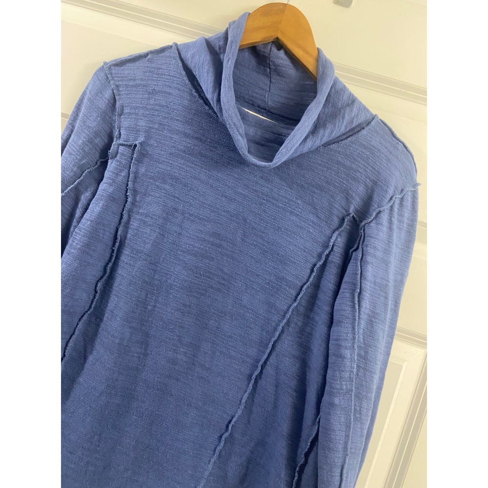 We The Free Free People Blue Cowl Neck Raw Seam Long Sleeve Cotton Top XL